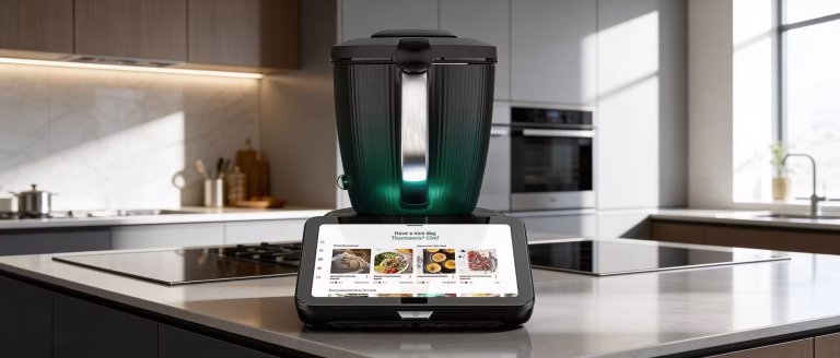 De nieuwe Thermomix TM7 met groot display in een moderne keuken tijdens de succesvolle lancering.